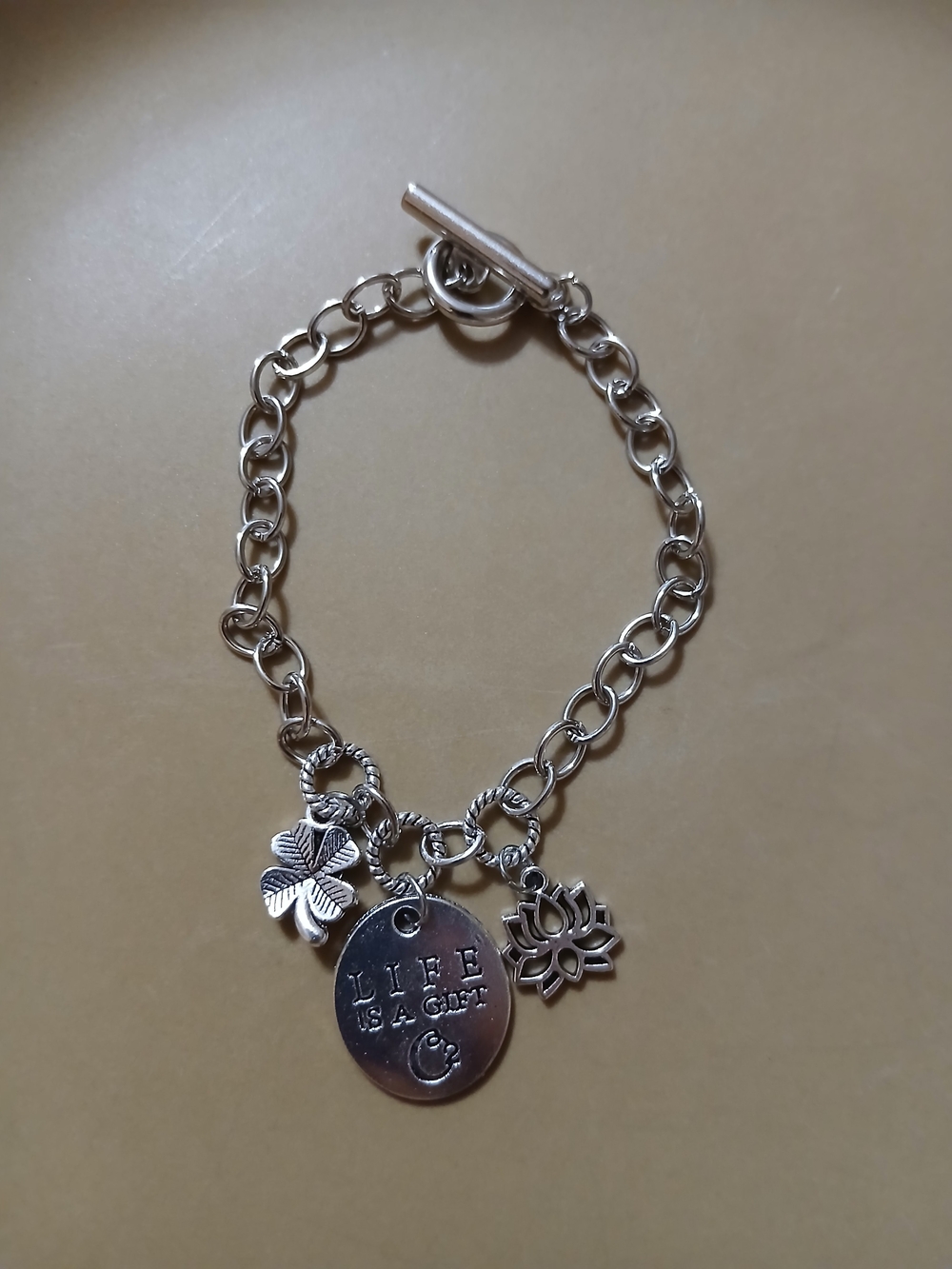 Silver Charm Toggle Bracelet with Inspirational Pendant